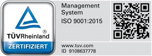 TÜV Rheinland Zertifikat, ISO 9001:2015 Managementsystem, QR-Code, www.tuv.com, ID 9108637778.
