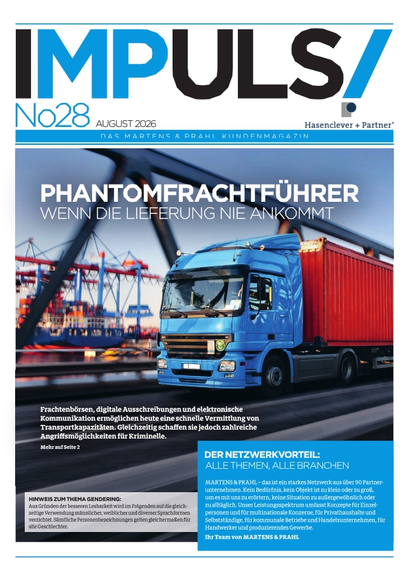 Titelblatt eines Magazins mit einem blauen LKW und Container am Hafen, dazu Überschriften über Phantomfrachtführer und Transportkriminalität.